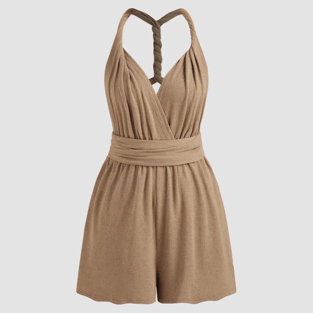 MULTIPLE WAYS TO STYLE !!! SOLID TWIST RUCHED KNOTTED ROMPER in Camel